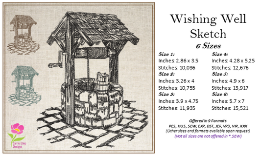 Wishing Well Sketch Machine Embroidery Design | Artistic Landscape Line Art | 6 Sizes (0691)