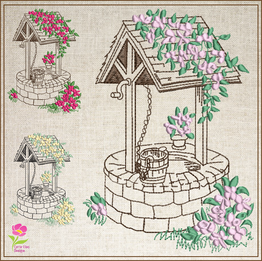 Wishing Well Machine Embroidery Design | Artistic Sketch Landscape | Home and Garden Line Art | 6 Sizes (0732)