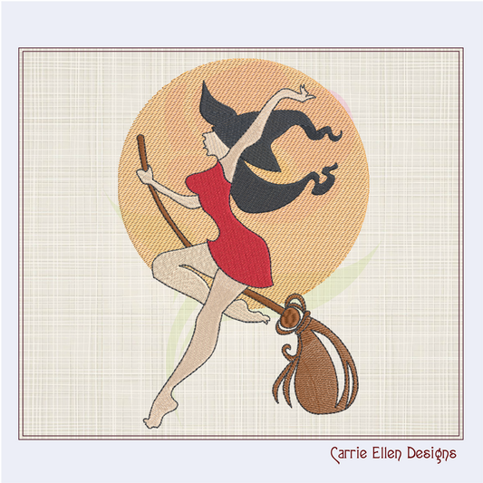 Witch Flying Machine Embroidery Design | Halloween Witch Silhouette on Broom & Full Moon | Spooky Halloween Design | 8 Sizes (0898)