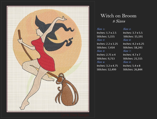 Witch Flying Machine Embroidery Design | Halloween Witch Silhouette on Broom & Full Moon | Spooky Halloween Design | 8 Sizes (0898)