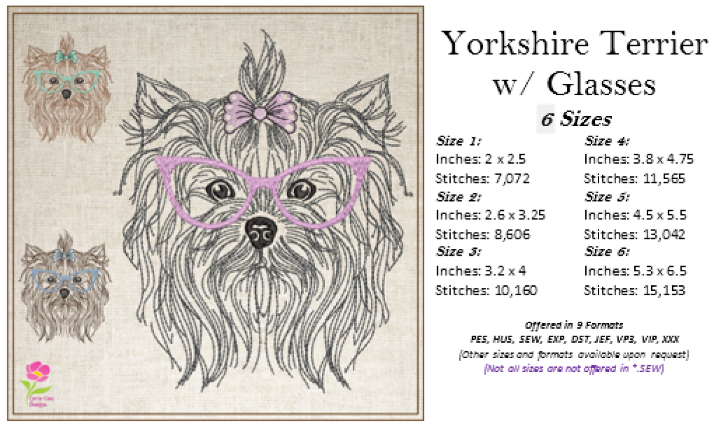 Yorkshire Terrier with Glasses and Bow Machine Embroidery Design | Cute Pet Yorkie Dog Embroidery | Yorkie Sketch Design | 6 Sizes (0803)