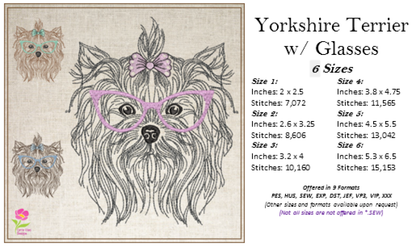 Yorkshire Terrier with Glasses and Bow Machine Embroidery Design | Cute Pet Yorkie Dog Embroidery | Yorkie Sketch Design | 6 Sizes (0803)
