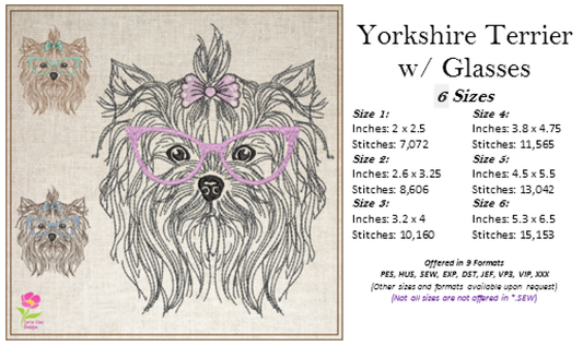 Yorkshire Terrier with Glasses and Bow Machine Embroidery Design | Cute Pet Yorkie Dog Embroidery | Yorkie Sketch Design | 6 Sizes (0803)