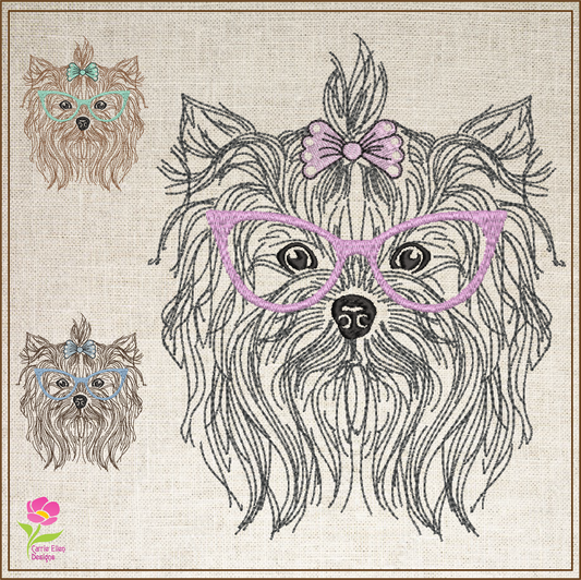 Yorkshire Terrier with Glasses and Bow Machine Embroidery Design | Cute Pet Yorkie Dog Embroidery | Yorkie Sketch Design | 6 Sizes (0803)
