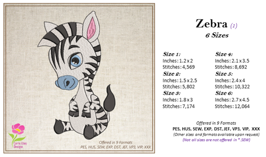 Zebra Machine Embroidery Design – Cartoon Zebra for Baby & Kids – Cute Jungle Animal Embroidery – 6 Sizes (0230)