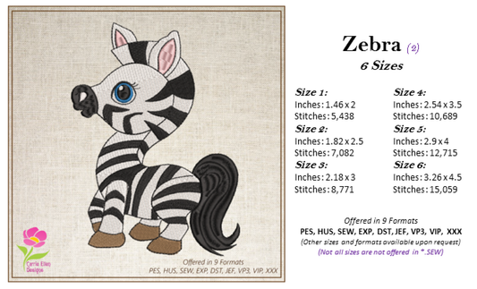 Zebra Machine Embroidery Design – Cartoon Zebra for Baby & Kids – Cute Jungle Animal Embroidery – 6 Sizes (0229)