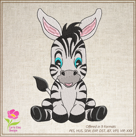 Zebra Machine Embroidery Design – Sitting Cartoon Zebra for Baby & Kids – Cute Jungle Animal Embroidery – 6 Sizes (0228)