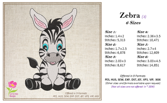 Zebra Machine Embroidery Design – Sitting Cartoon Zebra for Baby & Kids – Cute Jungle Animal Embroidery – 6 Sizes (0228)