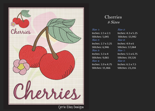 Cherries with Blossom Machine Embroidery Design | Summer Fruit Artistic Drawing | Fruit and Vegetables Design | 8 Sizes (0949)
