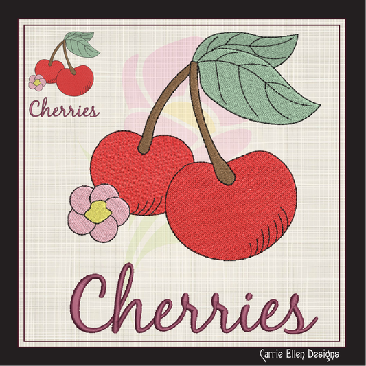 Cherries with Blossom Machine Embroidery Design | Summer Fruit Artistic Drawing | Fruit and Vegetables Design | 8 Sizes (0949)