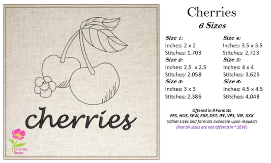 Cherries with Blossom Outline Machine Embroidery Design | Summer Fruit Artistic Drawing | Fruit and Vegetables Design | 6 Sizes (0948)