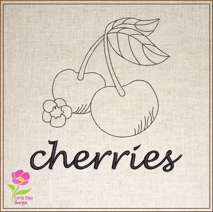 Cherries with Blossom Outline Machine Embroidery Design | Summer Fruit Artistic Drawing | Fruit and Vegetables Design | 6 Sizes (0948)