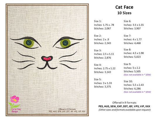 Cat Face Machine Embroidery Design, Pet Embroidery, Cute Cat Cartoon Design, 10 Sizes (0308)