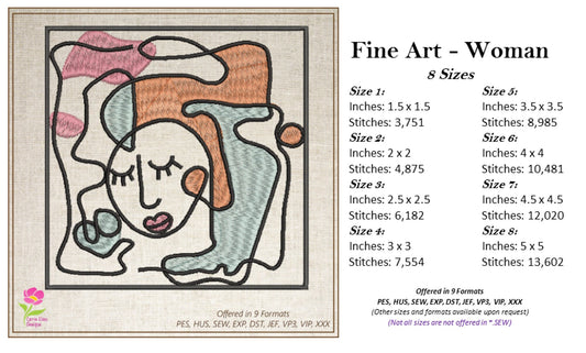 Woman Face Machine Embroidery Design, Fine Art Embroidery Illustration, Lady Face Design, Picasso Inspired Art Design, 8 Sizes (0458)