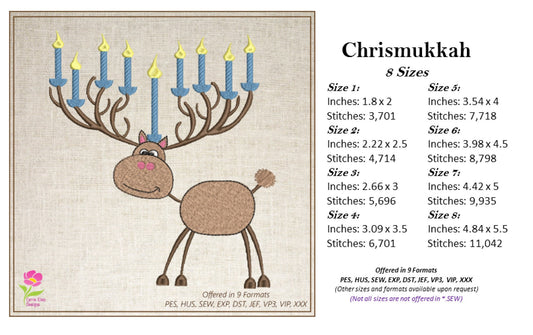 Chrismukkah Machine Embroidery Design, Hanukkah Reindeer Embroidery Design, Hanukkah Embroidery Pattern, Jewish Christmas, 8 Sizes (0142)