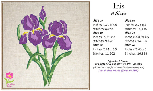 Iris Machine Embroidery Design, Iris Flower Design, Lilac and Purple Iris, Garden Flowers Embroidery, 6 Sizes. (0317)