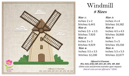 Windmill Machine Embroidery Design - Farm & Dutch Windmill - Landscape Building Embroidery File, 8 Sizes (0643)