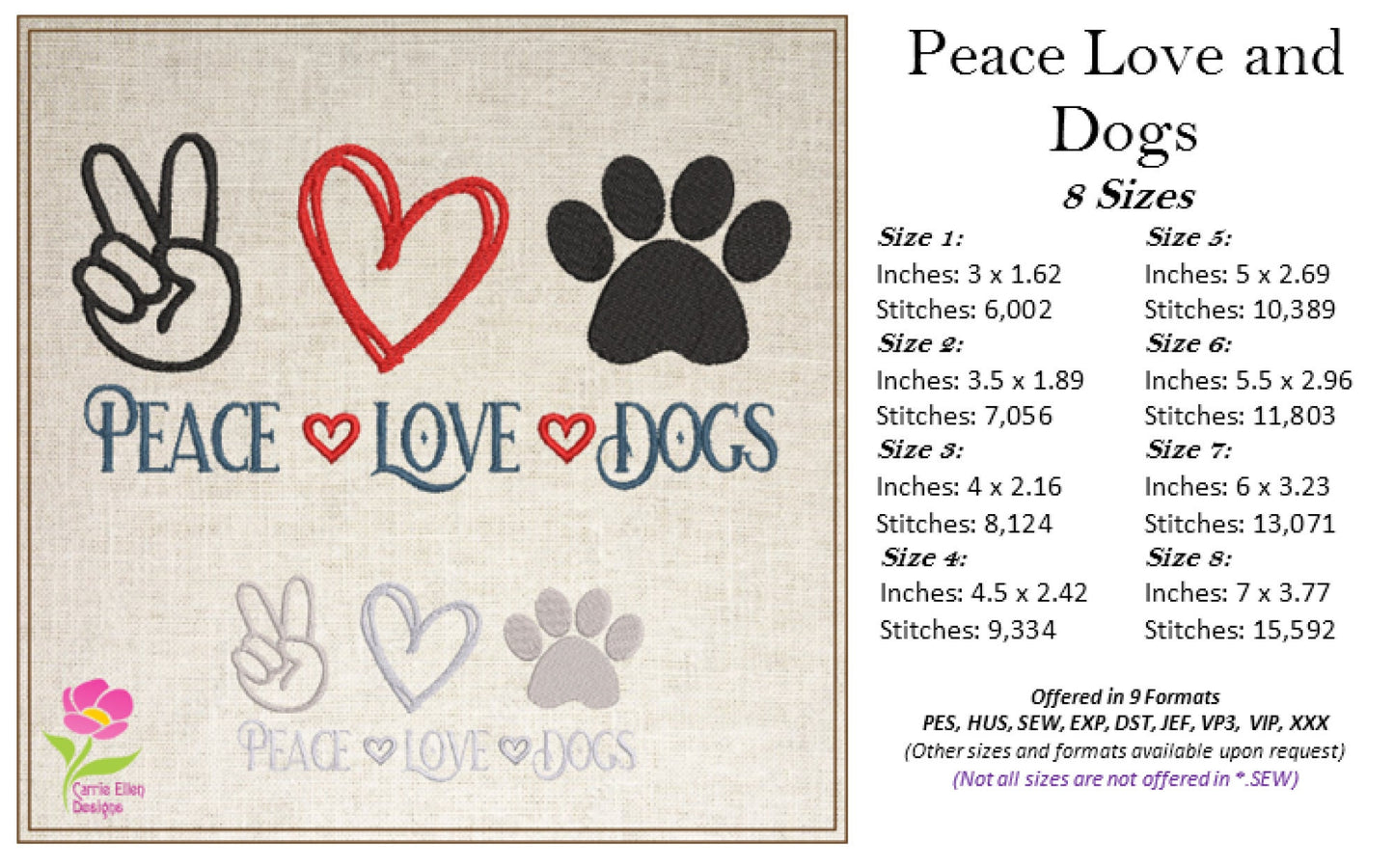 Peace Love and Dogs Sayings Machine Embroidery Design, Dog Embroidery Design, Embroidered Sayings Design, 8 Sizes (0386)