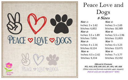 Peace Love and Dogs Sayings Machine Embroidery Design, Dog Embroidery Design, Embroidered Sayings Design, 8 Sizes (0386)