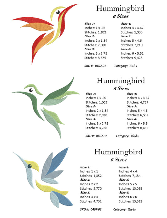 Hummingbird Machine Embroidery Design Bundle, Bird Embroidery Design, Colorful Birds Embroidery Pattern, 3 Designs, 6 Sizes Each (0407)