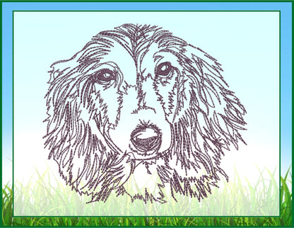Dachshund Sketch Machine Embroidery Design – Long-Haired Dog Lover Line Art Pattern, 4 Sizes (0496)