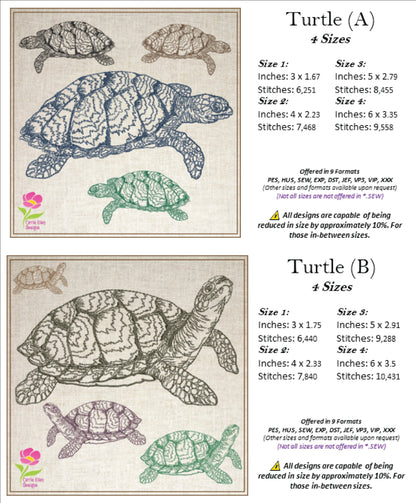 Sea Turtle Sketch Machine Embroidery Design Bundle – Redwork Line Art Sea Life, 2 Designs, 4 Sizes Each (0502)