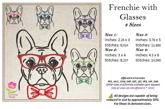 French Bulldog Machine Embroidery Design – Frenchie Dog with Glasses and Bow Tie, Stylish Pet Embroidery Pattern, 4 Sizes (0507)