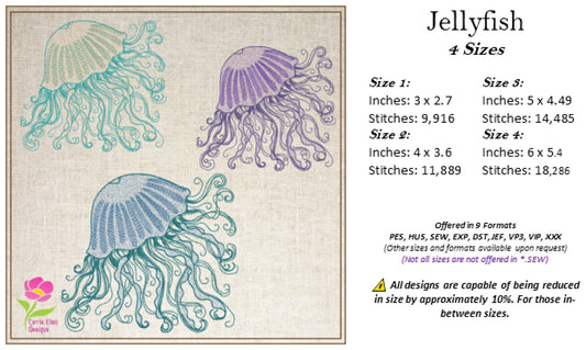Jellyfish Machine Embroidery Design – Coastal Marine Animal, Sea Life Ocean Design, 4 Sizes (0462)