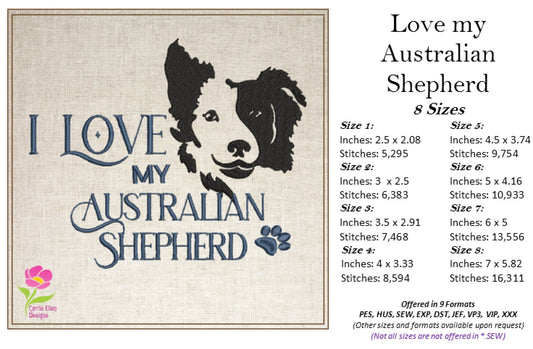 I Love My Australian Shepherd Machine Embroidery Design – Pet Dog Pattern, Dog Lover, 8 Sizes (0511)