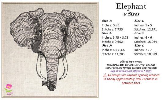 Elephant Head Machine Embroidery Sketch Design – Safari Animal Line Art Pattern, Large Land Animal, 6 Size (0521)
