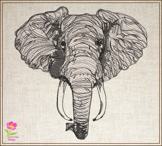 Elephant Head Machine Embroidery Sketch Design – Safari Animal Line Art Pattern, Large Land Animal, 6 Size (0521)