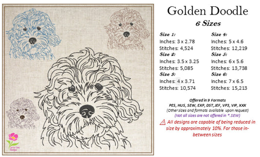 Golden Doodle Machine Embroidery Sketch Design Bundle – 3 Dog Line Art Designs in 6 Sizes Each (0523)