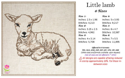 Little Lamb Machine Embroidery Sketch Design – Baby Farm Animal Line Art Embroidery Pattern, 6 Sizes (0529)