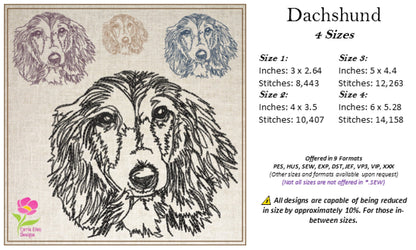 Dachshund Sketch Machine Embroidery Design – Long-Haired Dog Lover Line Art Pattern, 4 Sizes (0496)