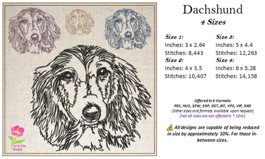 Dachshund Sketch Machine Embroidery Design – Long-Haired Dog Lover Line Art Pattern, 4 Sizes (0496)