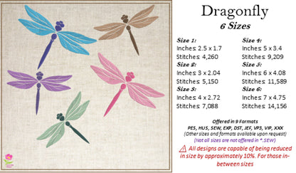 Dragonfly Machine Embroidery Design – Garden Insect & Bee Embroidery Pattern, 6 Sizes (0553)