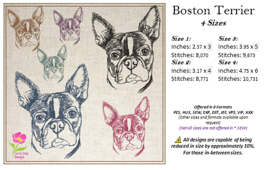 Boston Terrier Sketch Machine Embroidery Design – Pet Dog Line Art Pattern, Animal Embroidery, 4 Sizes (0506)