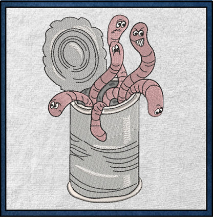 Can of Worms Idiom Machine Embroidery Design – Funny Tin Can and Worms Quote Pattern, 6 Sizes (0588)