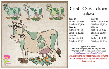 Cash Cow Idiom Machine Embroidery Design – Funny Money Quote, Finance Saying Pattern, 6 Sizes (0587)