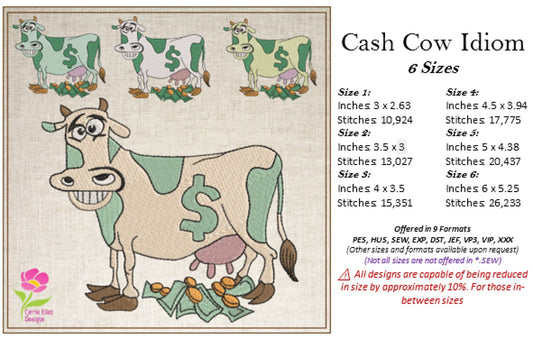 Cash Cow Idiom Machine Embroidery Design – Funny Money Quote, Finance Saying Pattern, 6 Sizes (0587)