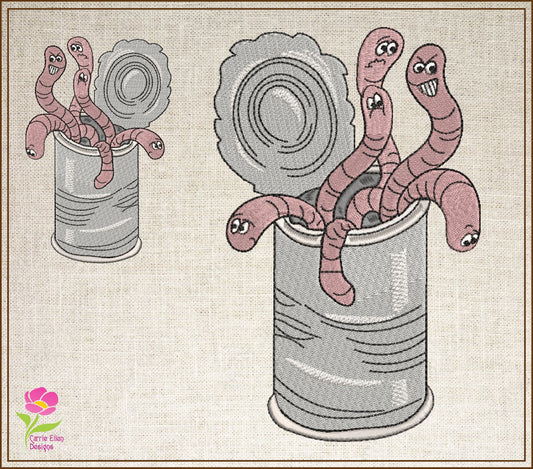 Can of Worms Idiom Machine Embroidery Design – Funny Tin Can and Worms Quote Pattern, 6 Sizes (0588)