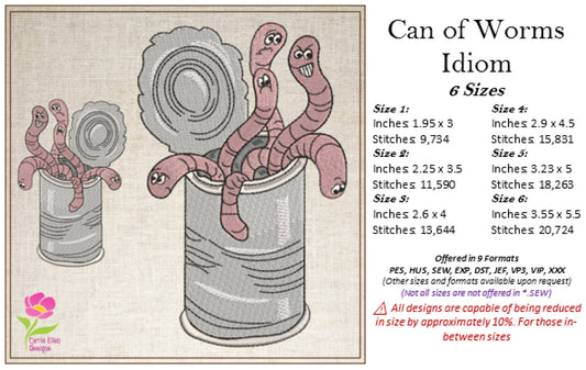 Can of Worms Idiom Machine Embroidery Design – Funny Tin Can and Worms Quote Pattern, 6 Sizes (0588)