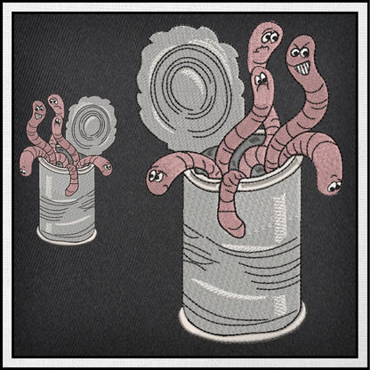 Can of Worms Idiom Machine Embroidery Design – Funny Tin Can and Worms Quote Pattern, 6 Sizes (0588)