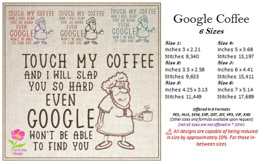 Touch My Coffee Google Machine Embroidery Design – Woman with Morning Coffee & Sassy Quote, 6 Sizes (0611)