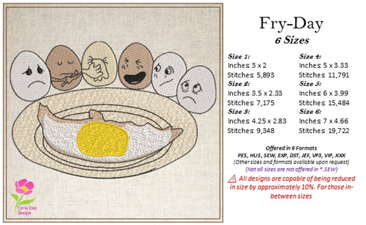 Fry-Day Machine Embroidery Design – Funny Fried Egg Funeral Scene, Breakfast Humor Pattern, 6 Sizes (0612)