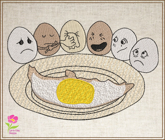 Fry-Day Machine Embroidery Design – Funny Fried Egg Funeral Scene, Breakfast Humor Pattern, 6 Sizes (0612)