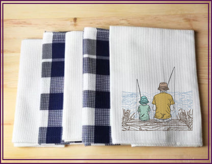 Father and Son Fishing Machine Embroidery Design, Father’s Day Design, Dad and Son Fishing on the Dock Sketch Design, 6 Sizes (0680)