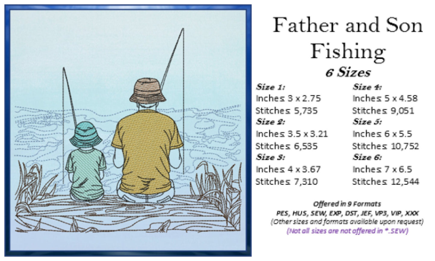 Father and Son Fishing Machine Embroidery Design, Father’s Day Design, Dad and Son Fishing on the Dock Sketch Design, 6 Sizes (0680)