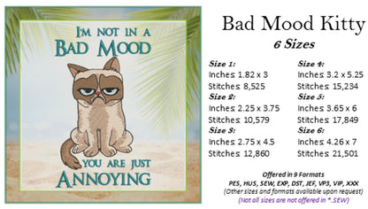 I’m Not in a Bad Mood Cat Embroidery Design – Grumpy Cat Saying – Humorous Machine Embroidery File, 6 Sizes (0668)