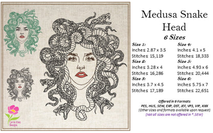 Medusa Snake Head Embroidery Design – Greek Mythology Line Art – Fantasy Serpent Lady Machine Embroidery File, 6 Sizes (0679)